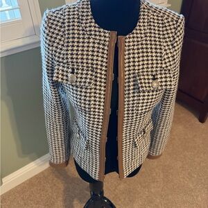 White House Black Market Houndstooth Stylist Jacket with Faux Leather Brown Trim